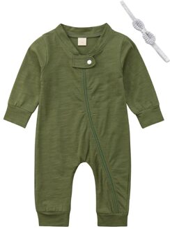 Emmababy Peuter Baby Jongens Meisjes Herfst 2 stks Lange Mouw Twee Kleuren Effen Romper + Hoofdband Outfits 0-18 m leger groen / 3M