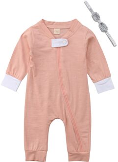 Emmababy Peuter Baby Jongens Meisjes Herfst 2 stks Lange Mouw Twee Kleuren Effen Romper + Hoofdband Outfits 0-18 m Roze / 6m