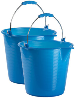 Emmer - 2x stuks - 9 liter - blauw - met schenktuit - 30 x 26 cm