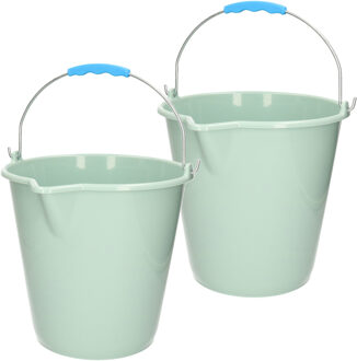 Emmer - 2x stuks - met schenktuit - 12L - mintgroen - schoonmaakemmer