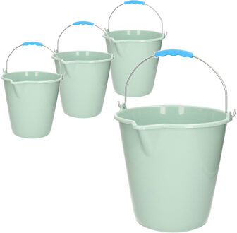 Emmer - 4x stuks - met schenktuit - 12L - mintgroen - schoonmaakemmer