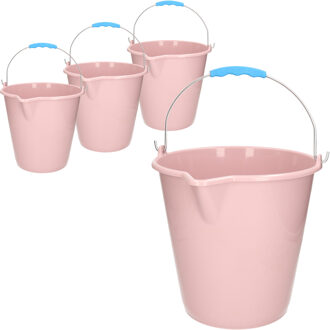 Emmer - 4x stuks - met schenktuit - 12L - oud roze - schoonmaakemmer