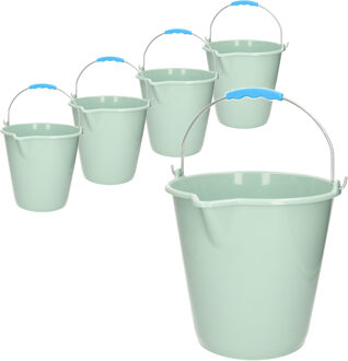 Emmer - 5x stuks - met schenktuit - 12L - mintgroen - schoonmaakemmer