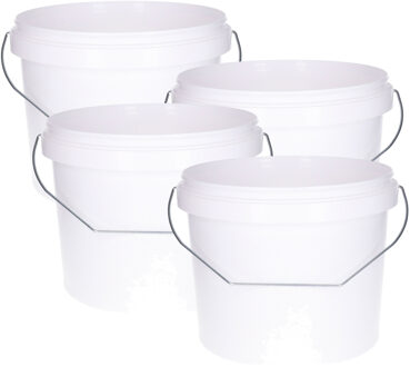 Emmer met handvat - 4x - met deksel - wit - 5,5 liter - voor klussen/schilderen
