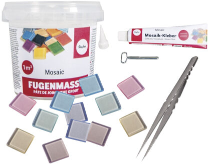 Emmer mozaiek steentjes 1 cm - vierkant - assorti kleuren mix - 1200x stuks - met lijm en voegmiddel