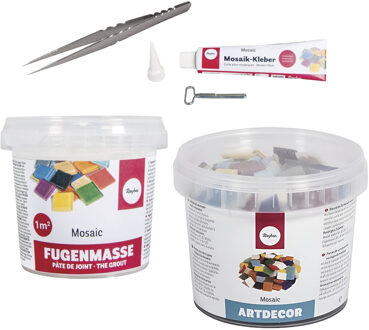 Emmer mozaiek steentjes 2 cm - vierkant - assorti kleuren mix - 325x stuks - met lijm en voegmiddel