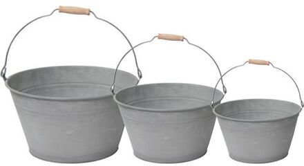 Emmer/plantenpot/bloempot - set van 3x stuks - zink - grijs - Emmers