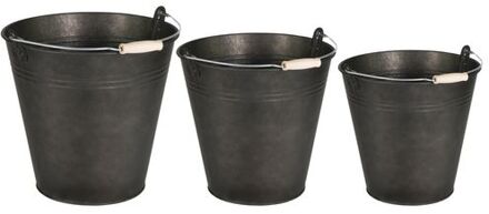 Emmer/plantenpot/bloempot - set van 3x stuks - zink - zwart - Emmers