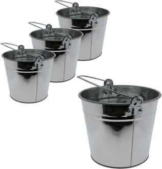 Emmer van zink - Set van 4x stuks - 5 liter - zilverkleurig - 16 x 21 cm - plantenpot