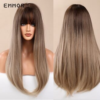 Emmor Synthetisch Zwart Wortel Ombre Light Golden Blond Steil Haar Pruiken Met Pony Hoge Temperatuur Cosplay Daily Pruik Voor Vrouwen EM169-1