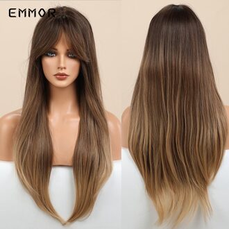 Emmor Synthetisch Zwart Wortel Ombre Light Golden Blond Steil Haar Pruiken Met Pony Hoge Temperatuur Cosplay Daily Pruik Voor Vrouwen EM244-1