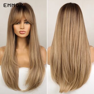 Emmor Synthetisch Zwart Wortel Ombre Light Golden Blond Steil Haar Pruiken Met Pony Hoge Temperatuur Cosplay Daily Pruik Voor Vrouwen EM336