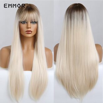 Emmor Synthetisch Zwart Wortel Ombre Light Golden Blond Steil Haar Pruiken Met Pony Hoge Temperatuur Cosplay Daily Pruik Voor Vrouwen EM5217
