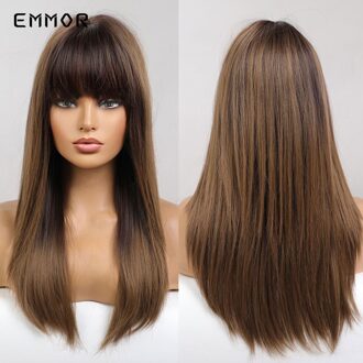 Emmor Synthetisch Zwart Wortel Ombre Light Golden Blond Steil Haar Pruiken Met Pony Hoge Temperatuur Cosplay Daily Pruik Voor Vrouwen EM6091