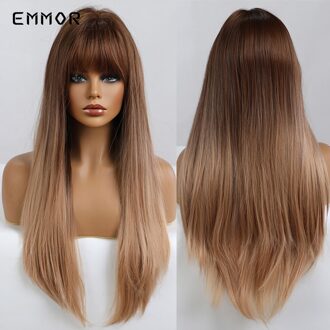 Emmor Synthetisch Zwart Wortel Ombre Light Golden Blond Steil Haar Pruiken Met Pony Hoge Temperatuur Cosplay Daily Pruik Voor Vrouwen EM6098