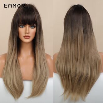 Emmor Synthetisch Zwart Wortel Ombre Light Golden Blond Steil Haar Pruiken Met Pony Hoge Temperatuur Cosplay Daily Pruik Voor Vrouwen EM6099