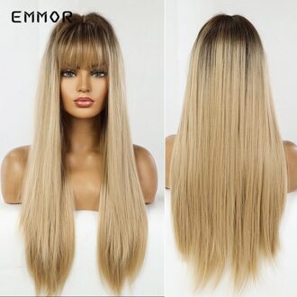 Emmor Synthetisch Zwart Wortel Ombre Light Golden Blond Steil Haar Pruiken Met Pony Hoge Temperatuur Cosplay Daily Pruik Voor Vrouwen lc288-1