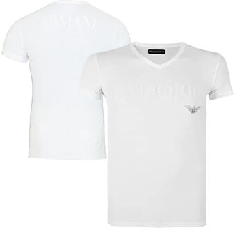 Emporio Armani - Basis V-Hals Shirt Wit met Glansprint - M