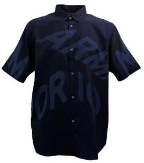 Emporio Armani Heren Overhemd met Korte Mouwen en Maxi Logo Emporio Armani , Blue , Heren