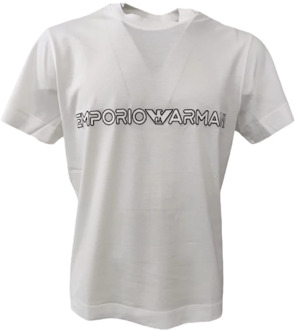 Emporio Armani Korte Mouw Jersey Katoen en Tencel T-Shirt met Geborduurd Logo - Xxxl Emporio Armani , White , Heren - 3XL