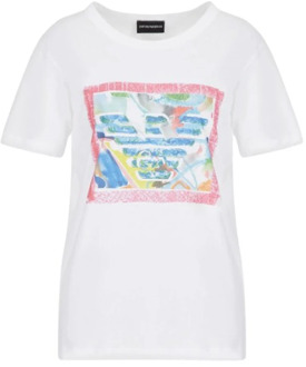 Emporio Armani Korte mouwen waterverf logo T-shirt Emporio Armani , White , Dames - Xl,S