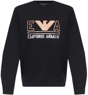 Emporio Armani Marineblauwe Dubbel Jersey Sweatshirt met Maxi Logo Belettering en Oranje Adelaar Logo Emporio Armani , Black , Heren