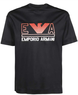 Emporio Armani Navyblauw T-shirt met korte mouwen van jersey met maxi logo belettering en rood oranje adelaarslogo Emporio Armani , Black , Heren - M,S