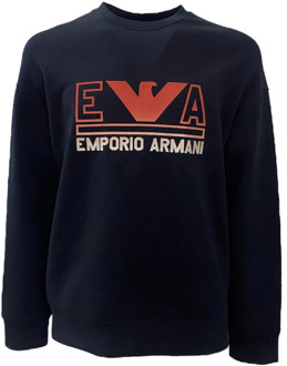 Emporio Armani Navyblauwe Dubbel Jersey Sweatshirt met Maxi Logo Belettering en Rood Oranje Adelaarslogo Emporio Armani , Blue , Heren - Xl,L,M