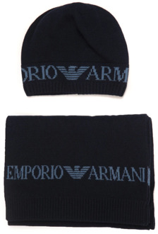 Emporio Armani Sjaal en Hoed Set, Blauw, Gebreide Rib Afwerking Emporio Armani , Blue , Heren - ONE Size