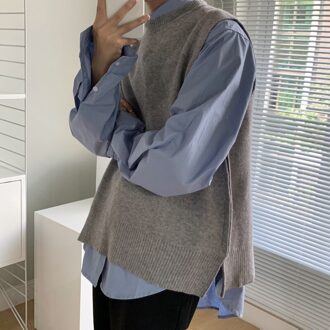 En Najaar Jeugd Mannen Effen Kleur Mode Casual Losse Ronde Hals Trui Dikke Vest Zwart/grijs M-XL Grijs / L