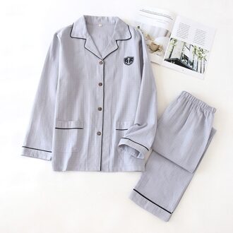 En Najaar Mannen Pyjama Set Comfort Gaas Katoen Zacht Ademend Nachtkleding Set Eenvoudige Stijl Effen Kleur Homewear grijs / XL