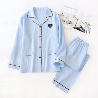 En Najaar Mannen Pyjama Set Comfort Gaas Katoen Zacht Ademend Nachtkleding Set Eenvoudige Stijl Effen Kleur Homewear licht blauw / L