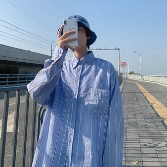 En Najaar Wilde Literaire Gestreepte Lange Mouwen Shirt Mode Toevallige Losse Top Wit/Zwart/ geel/Blauw blauw / M