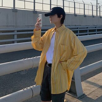 En Najaar Wilde Literaire Gestreepte Lange Mouwen Shirt Mode Toevallige Losse Top Wit/Zwart/ geel/Blauw geel / M