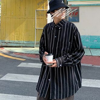 En Najaar Wilde Literaire Gestreepte Lange Mouwen Shirt Mode Toevallige Losse Top Wit/Zwart/ geel/Blauw zwart / M