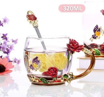 Enamel Kleurrijke Bloem Theekopje Home Water Cup Woonkamer Koffiekopje Crystal Glas Theekopje Met Lepel Handgirp Drinkware 01 320ml
