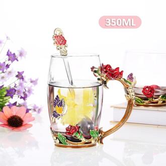 Enamel Kleurrijke Bloem Theekopje Home Water Cup Woonkamer Koffiekopje Crystal Glas Theekopje Met Lepel Handgirp Drinkware 02 350ml