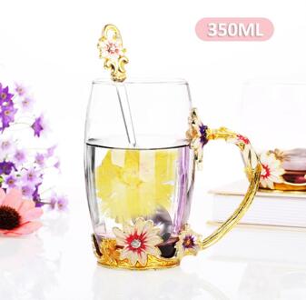 Enamel Kleurrijke Bloem Theekopje Home Water Cup Woonkamer Koffiekopje Crystal Glas Theekopje Met Lepel Handgirp Drinkware 08 350ml