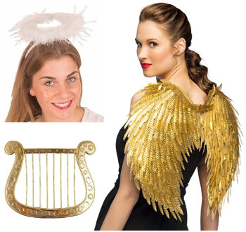 Engel verkleedaccessoires set - goud - engelen vleugels - 3-delig - carnaval / kerst thema