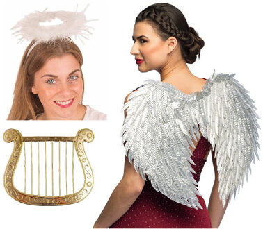 Engel verkleedaccessoires set - zilver - engelen vleugels - 3-delig - carnaval / kerst thema