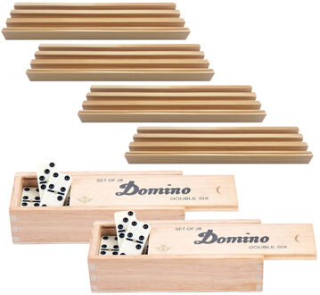 Engelhart 4x Dominostenenhouder met 2x domino spel in houten doos 56x stenen - Speelkaarthouders