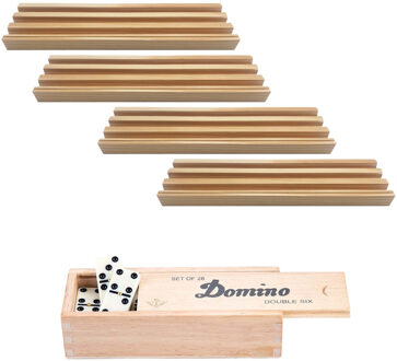 Engelhart 4x Dominostenenhouder met domino spel in houten doos 28x stenen
