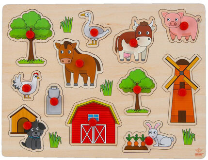 Engelhart Houten knopjes/noppen speelgoed puzzel boerderij thema 30 x 22 cm Multi