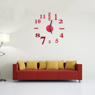 Engels Alfabet Nummer 3D Acryl Spiegel Diy Wandklok Thuis Decoratie Woonkamer (GZ-043, Gouden, zonder Batterij) rood