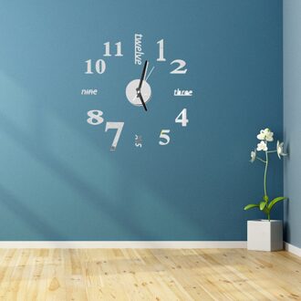 Engels Alfabet Nummer 3D Acryl Spiegel Diy Wandklok Thuis Decoratie Woonkamer (GZ-043, Gouden, zonder Batterij) zilver