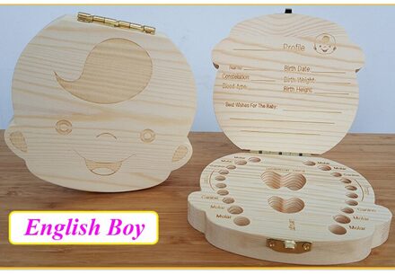 Engels/Spaans Houten Doos Tand Doos Organizer Save Melk Tanden Doos Opslag Tanden Navelstreng Lanugo Caja Madera English boys