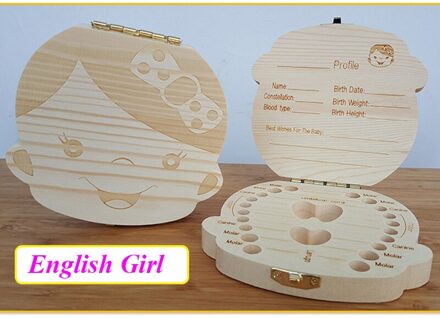 Engels/Spaans Houten Doos Tand Doos Organizer Save Melk Tanden Doos Opslag Tanden Navelstreng Lanugo Caja Madera English girls