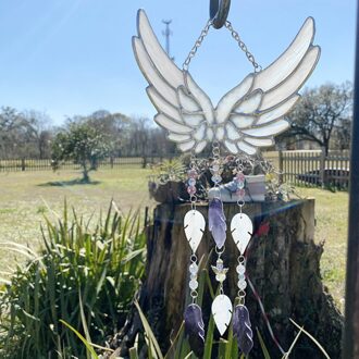 Engeltje Veren Wind Chime Gebrandschilderd Glas Handgemaakte Originele En Exclusieve Yard Garden Outdoor Living Decoratie leger groen