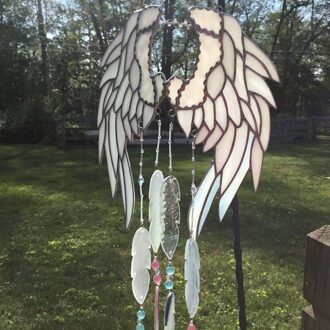 Engeltje Veren Wind Chime Gebrandschilderd Glas Handgemaakte Originele En Exclusieve Yard Garden Outdoor Living Decoratie wit