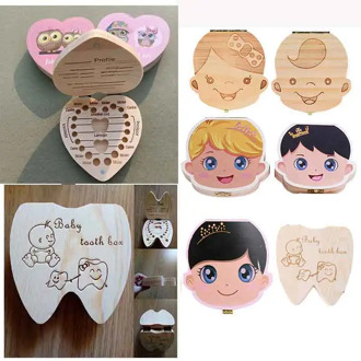 English/Spanish/Portugal Wooden Baby Tooth Box Organizer Milk Teeth Storage Umbilical Lanugo Save Collect Baby Souvenirs Gifts